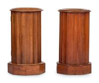 A Pair of Regency Style Marble Inset Carved Birch Column-Form Pot Cupboards