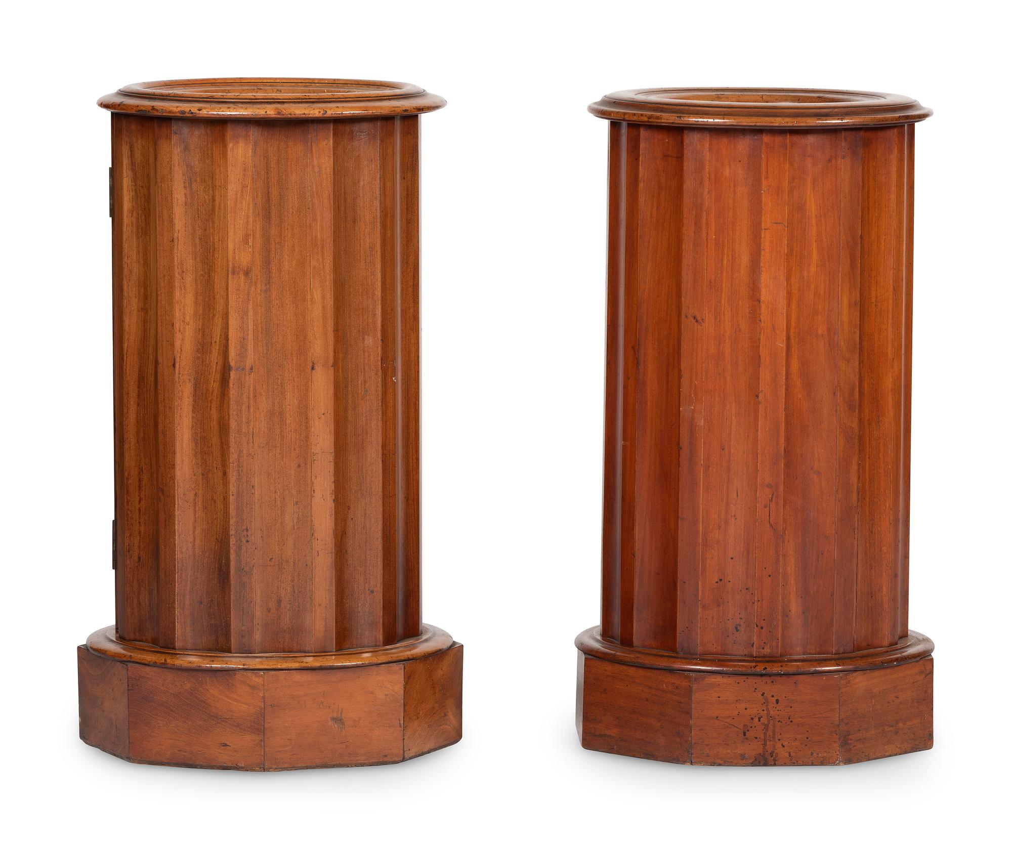 A Pair of Regency Style Marble Inset Carved Birch Column-Form Pot Cupboards