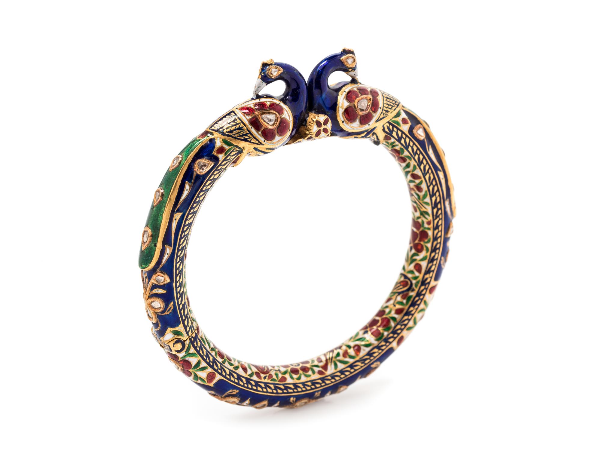 A High Karat Gold Kundan, Diamond and Polychrome Enamel Peacock Bangle Bracelet, Indian,