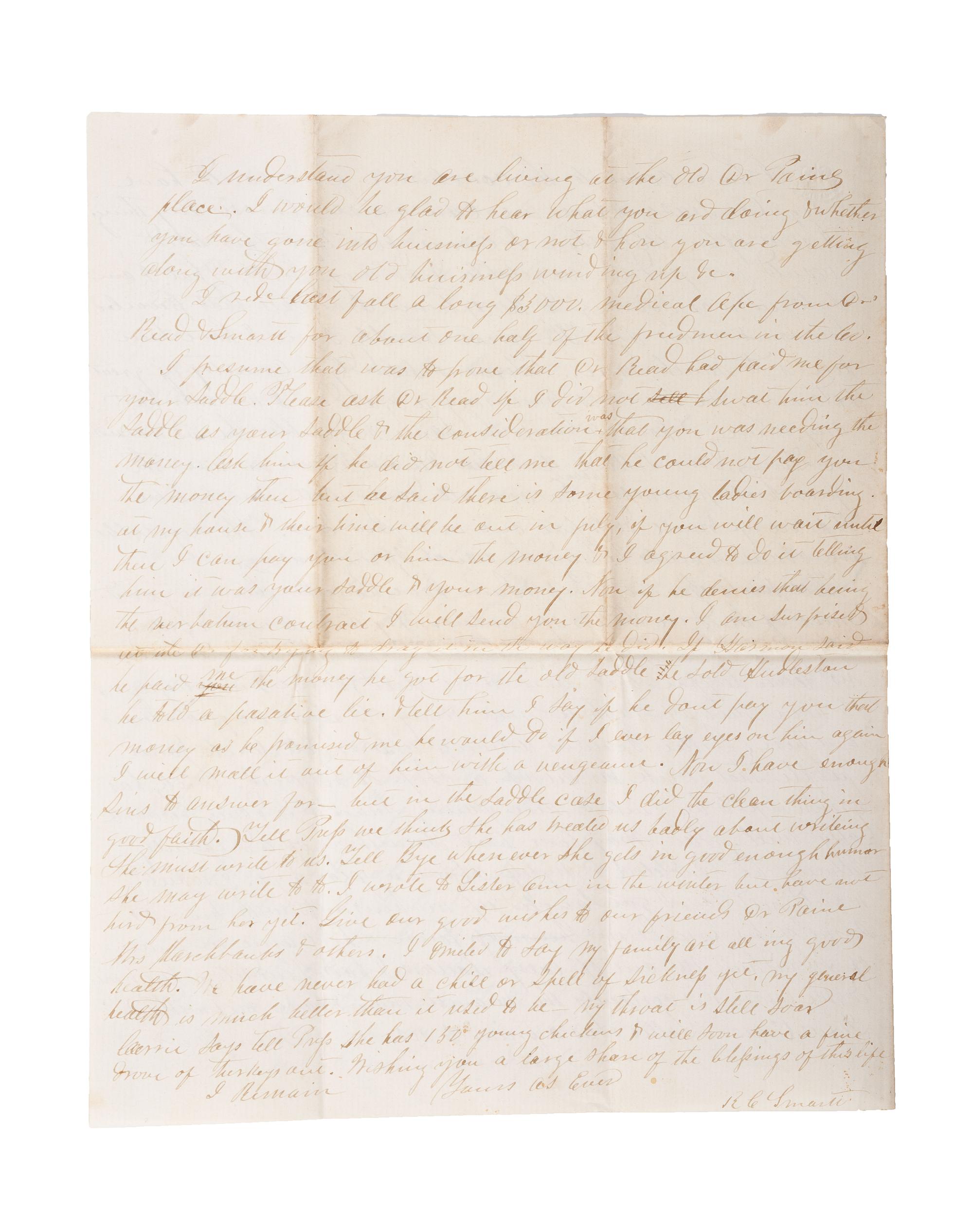 [RECONSTRUCTION]. SMART, R.C. Autograph letter signed ("R.C. Smart"), to General Benjamin Hill (1825-1880), regarding Freedmen in Texas. Ellis County, TX, 28 April 1867.
