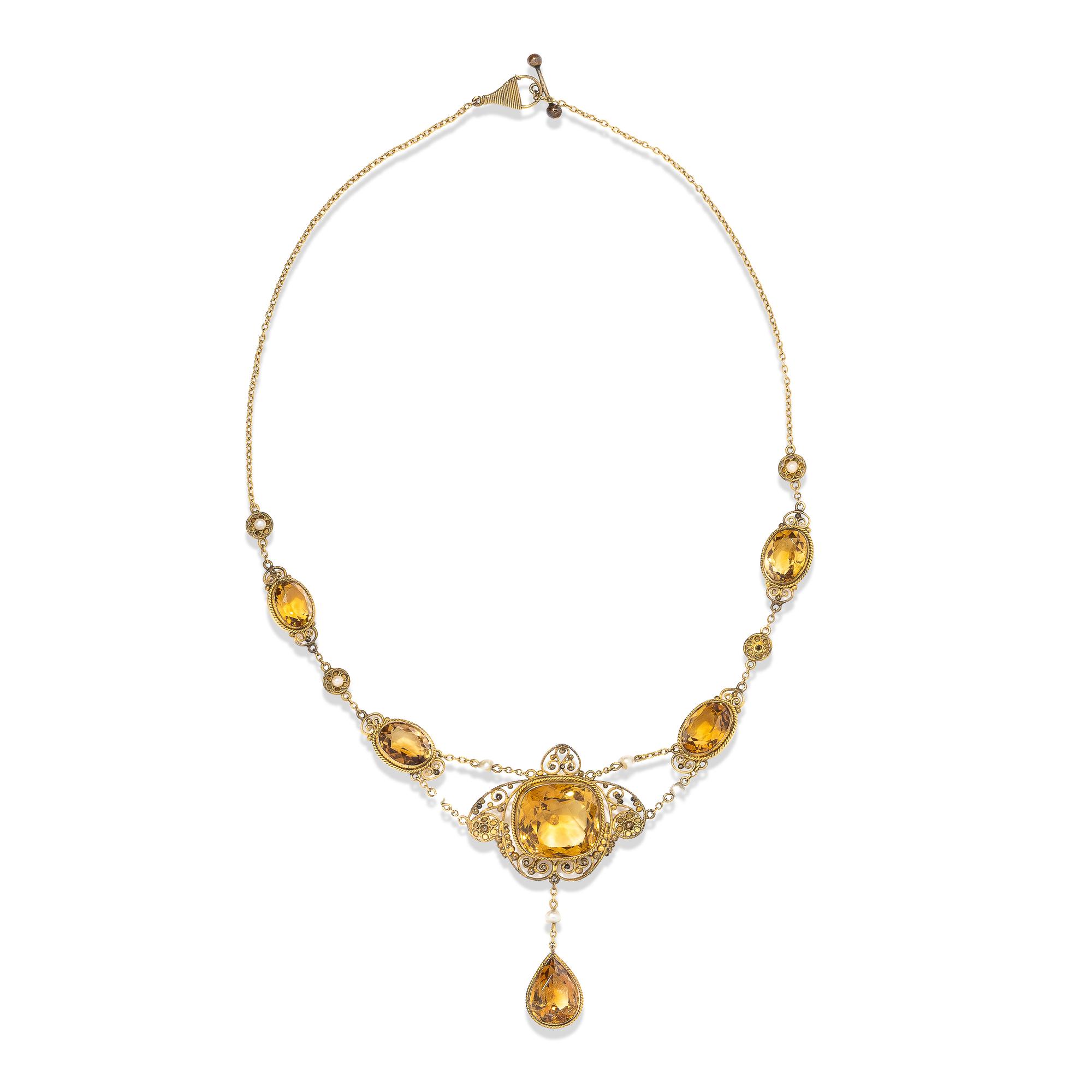 ART NOUVEAU, CITRINE AND SEED PEARL NECKLACE