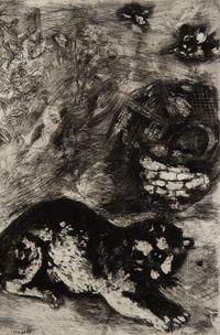 Le chat et les deux moineaus (one plate from La Fontaine Fables )