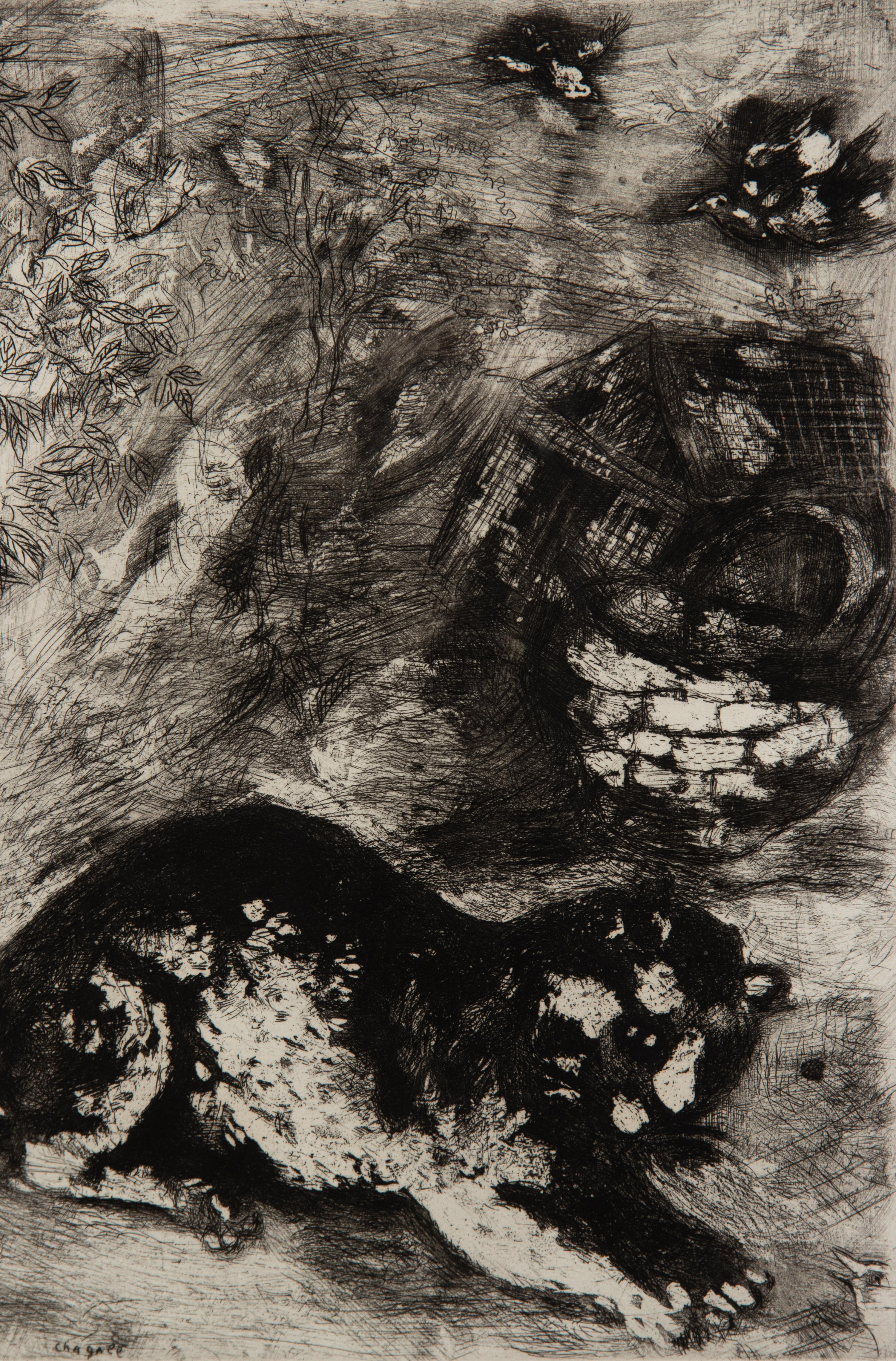 Le chat et les deux moineaus (one plate from La Fontaine Fables )