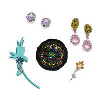 PRADA & MIU MIU, THREE BROOCHES & TWO PAIRS OF EAR CLIPS