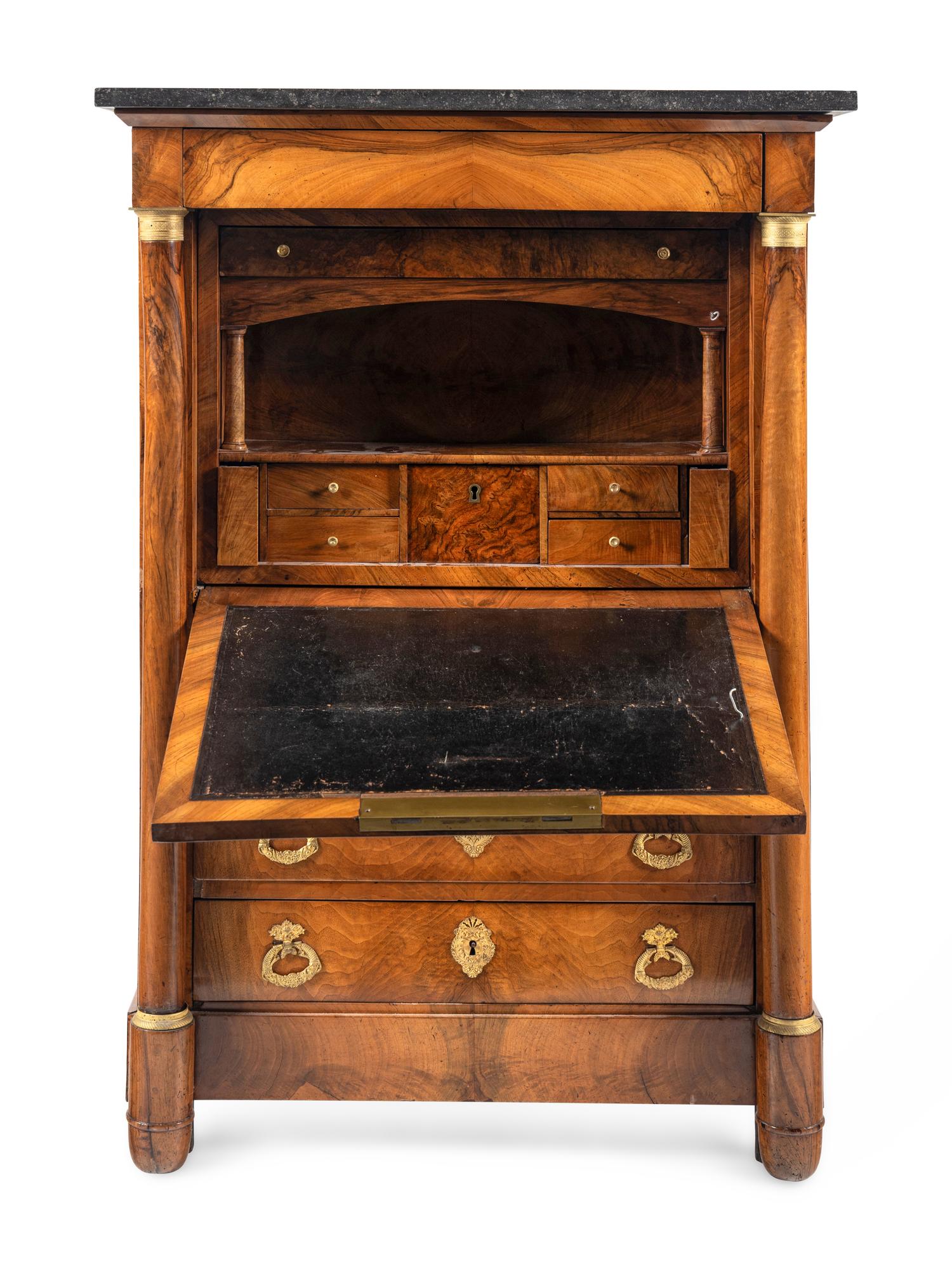 An Empire Style Gilt-Bronze Mounted Walnut Marble-Top Secrétaire à Abbatant