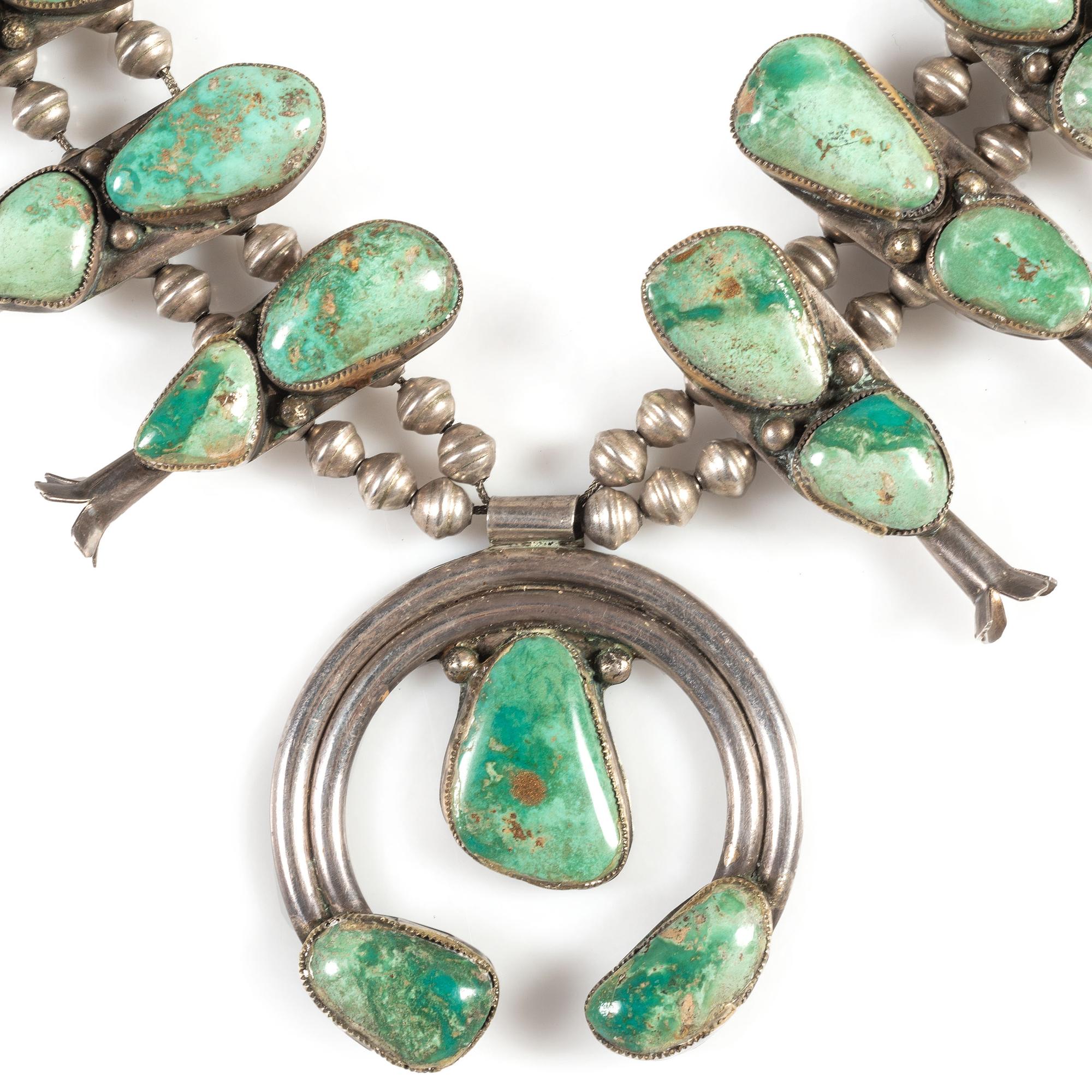 Navajo Silver and Turquoise Squash Blossom Necklace