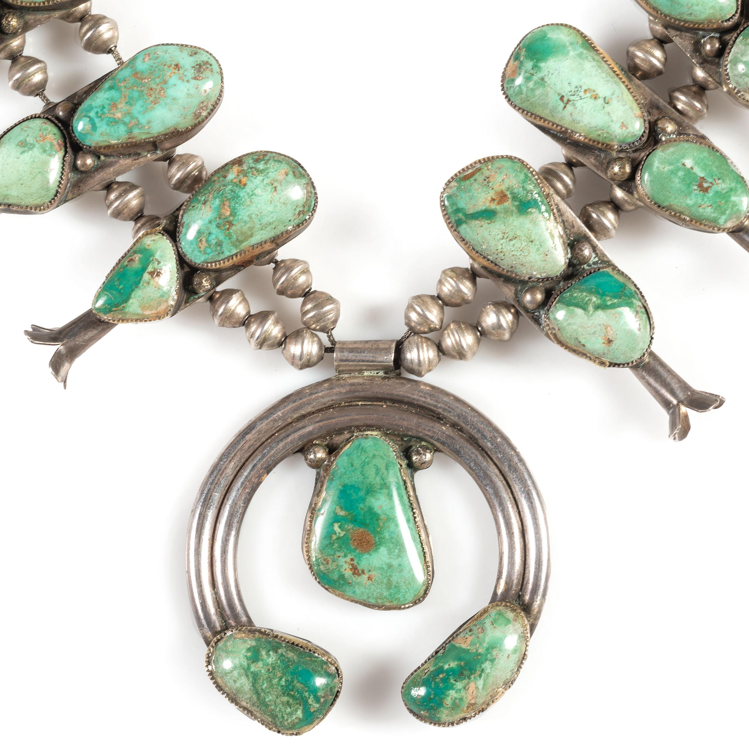 Navajo Silver and Turquoise Squash Blossom Necklace