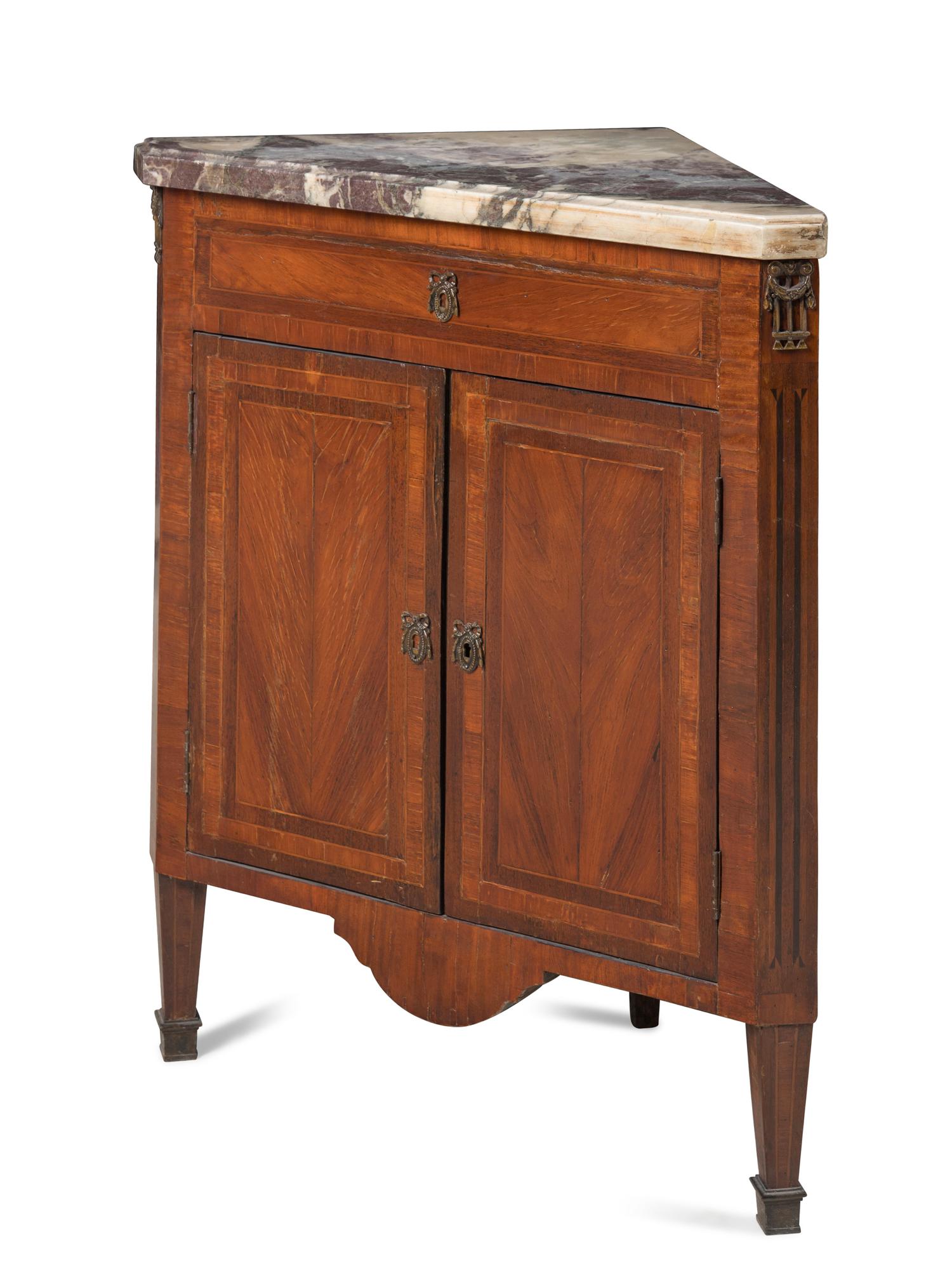 A Pair of Louis XVI Gilt Bronze Mounted Marble-Top Corner Cabinets