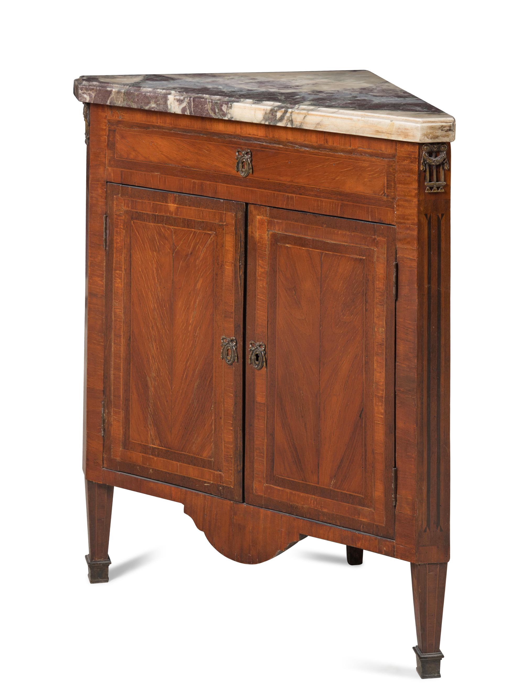 A Pair of Louis XVI Gilt Bronze Mounted Marble-Top Corner Cabinets