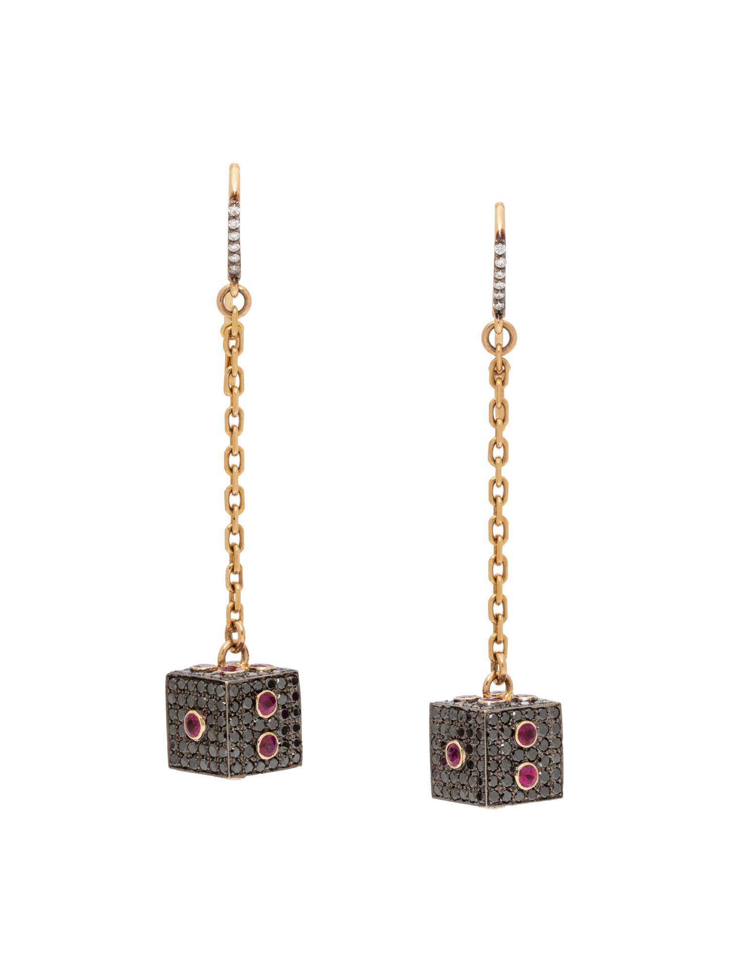 BLACK DIAMOND AND RUBY DICE EARRINGS