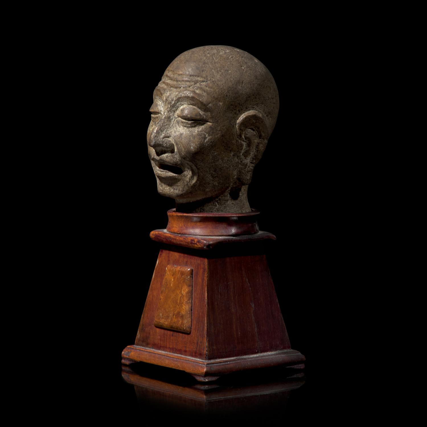 A Chinese Carved Stone Head of a Singing or Chanting Luohan, Song to Yuan Dynasty 宋-元 石雕羅漢頭像