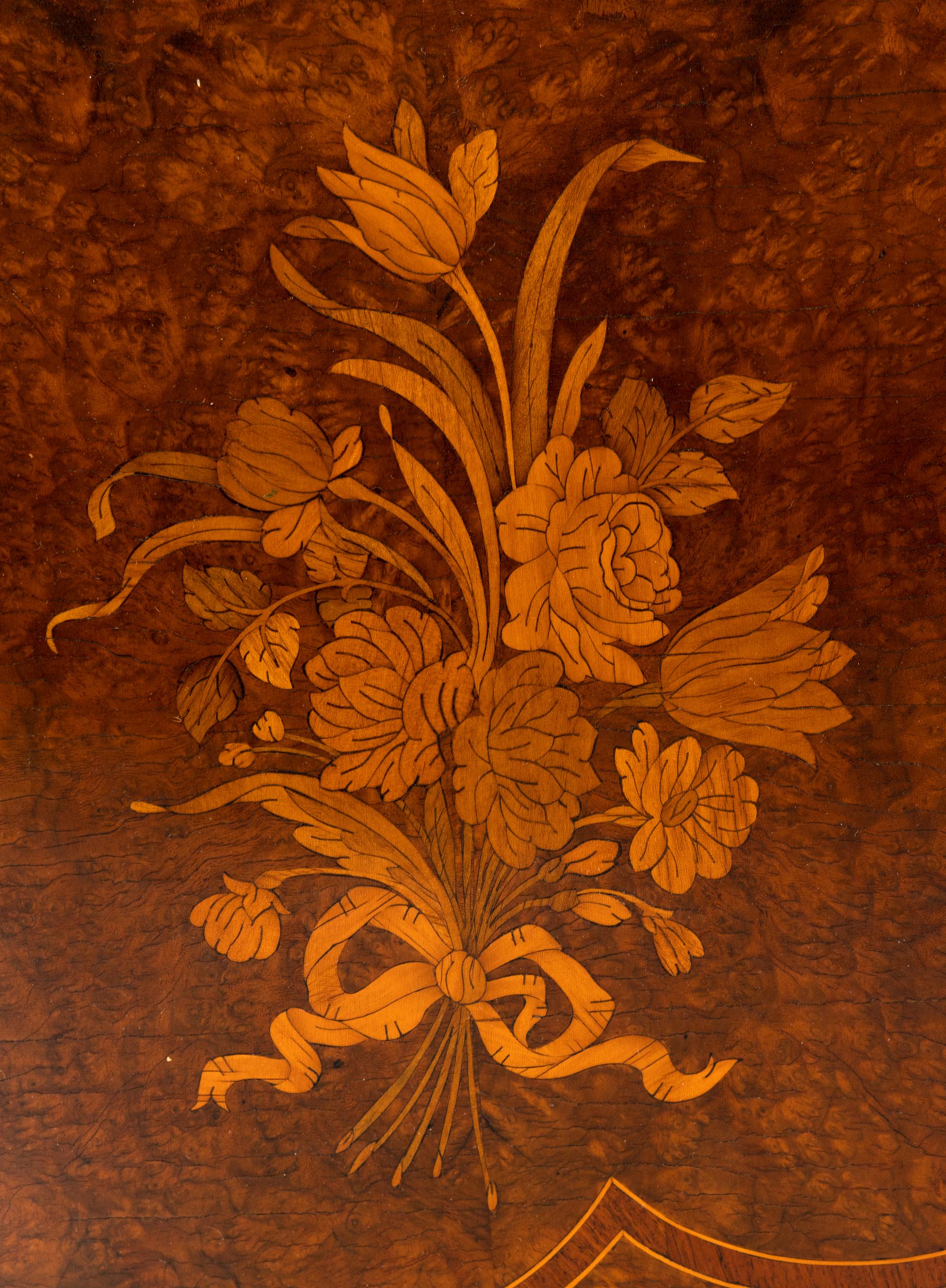 A Pair of Louis XV Style Marquetry Marble-Top Bombé Cabinets