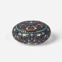 A Russian silver gilt and shaded enamel pill box Gustav Klingert, Ivan Sergeyevich Lebedkin, Assaymaster, Moscow, 1899-1908