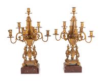 A Pair of Napoleon III Gilt Bronze and Rouge Marble Nine-Light Candelabra
