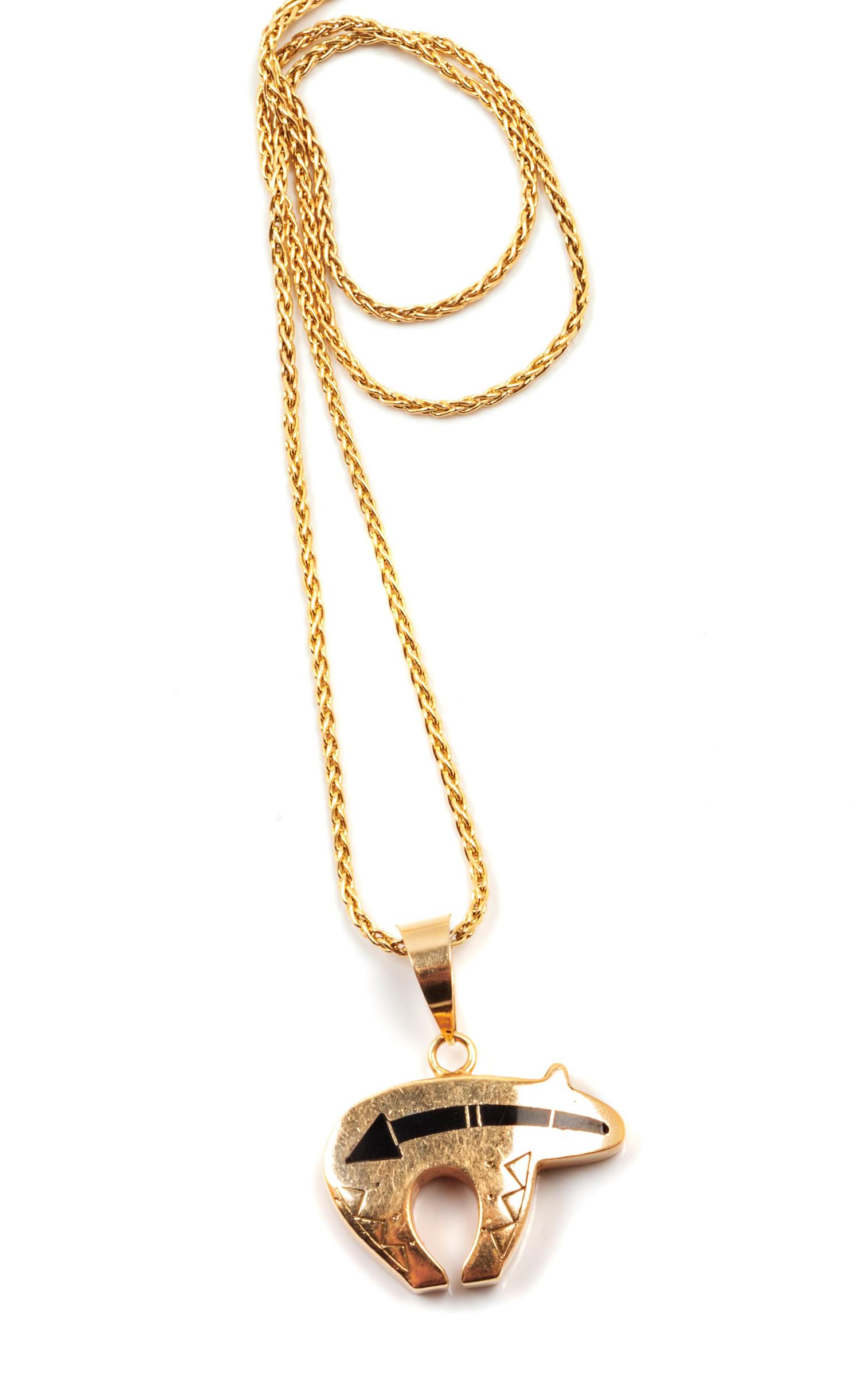 Ray Tracey Yellow Gold and Onyx Bear with Gold Chain Necklace