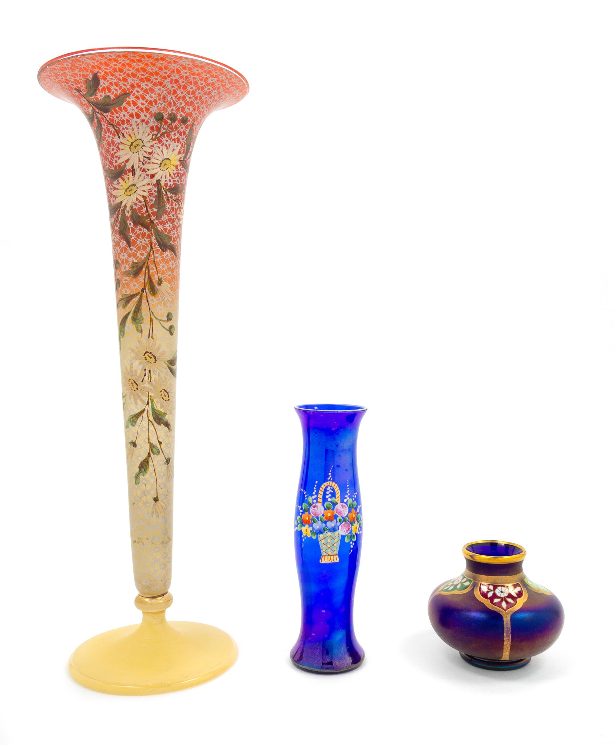 A Collection of Three Enameled Glass Vases