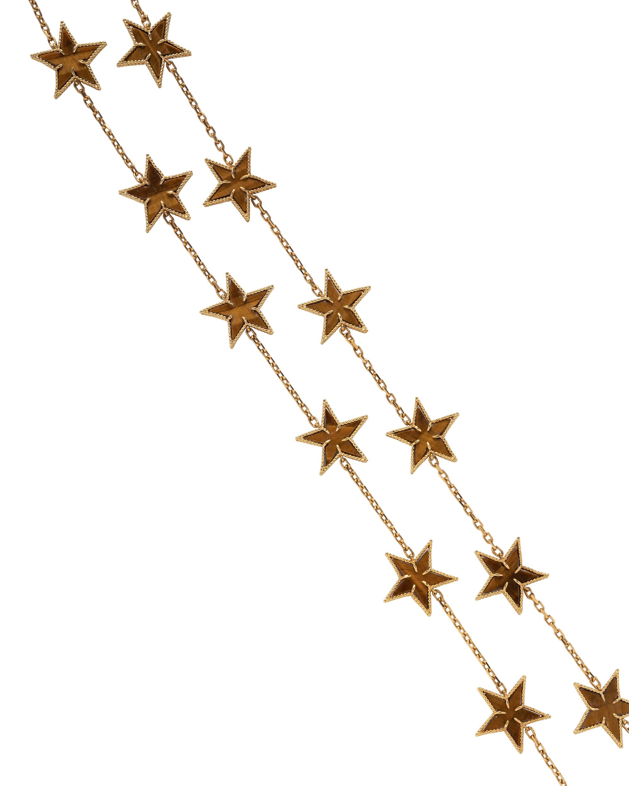 TIGER'S EYE AND GOLD STAR LONG CHAIN NECKLACE