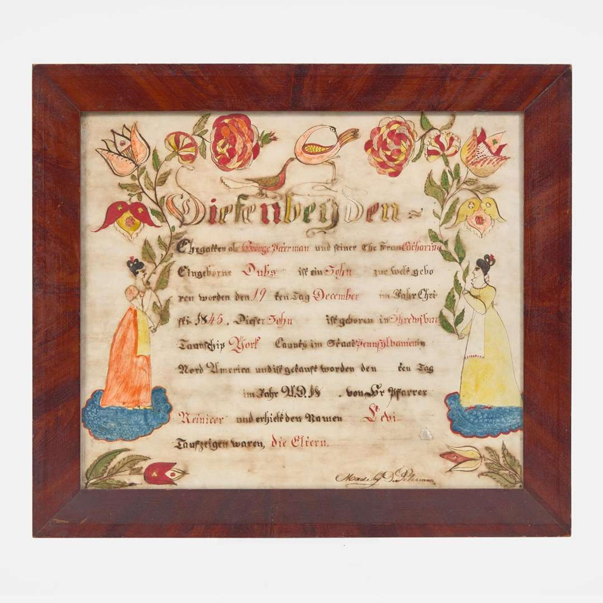 A birth and baptism Fraktur for John Peterman Daniel Peterman (1797-1871), circa 1845