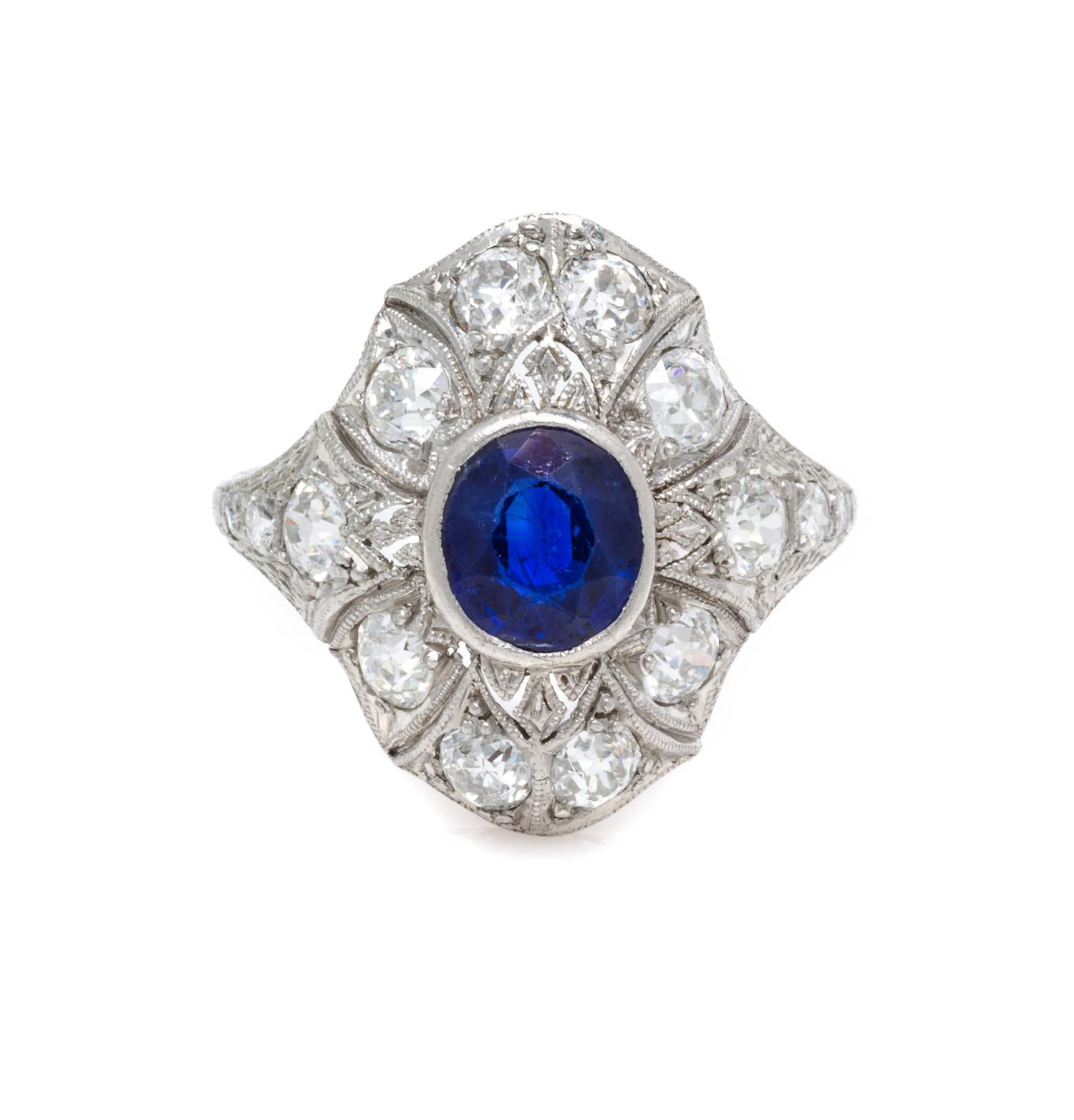 An Art Deco Platinum, Sapphire and Diamond Ring, 3.80 dwts.