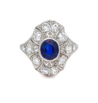 An Art Deco Platinum, Sapphire and Diamond Ring, 3.80 dwts.