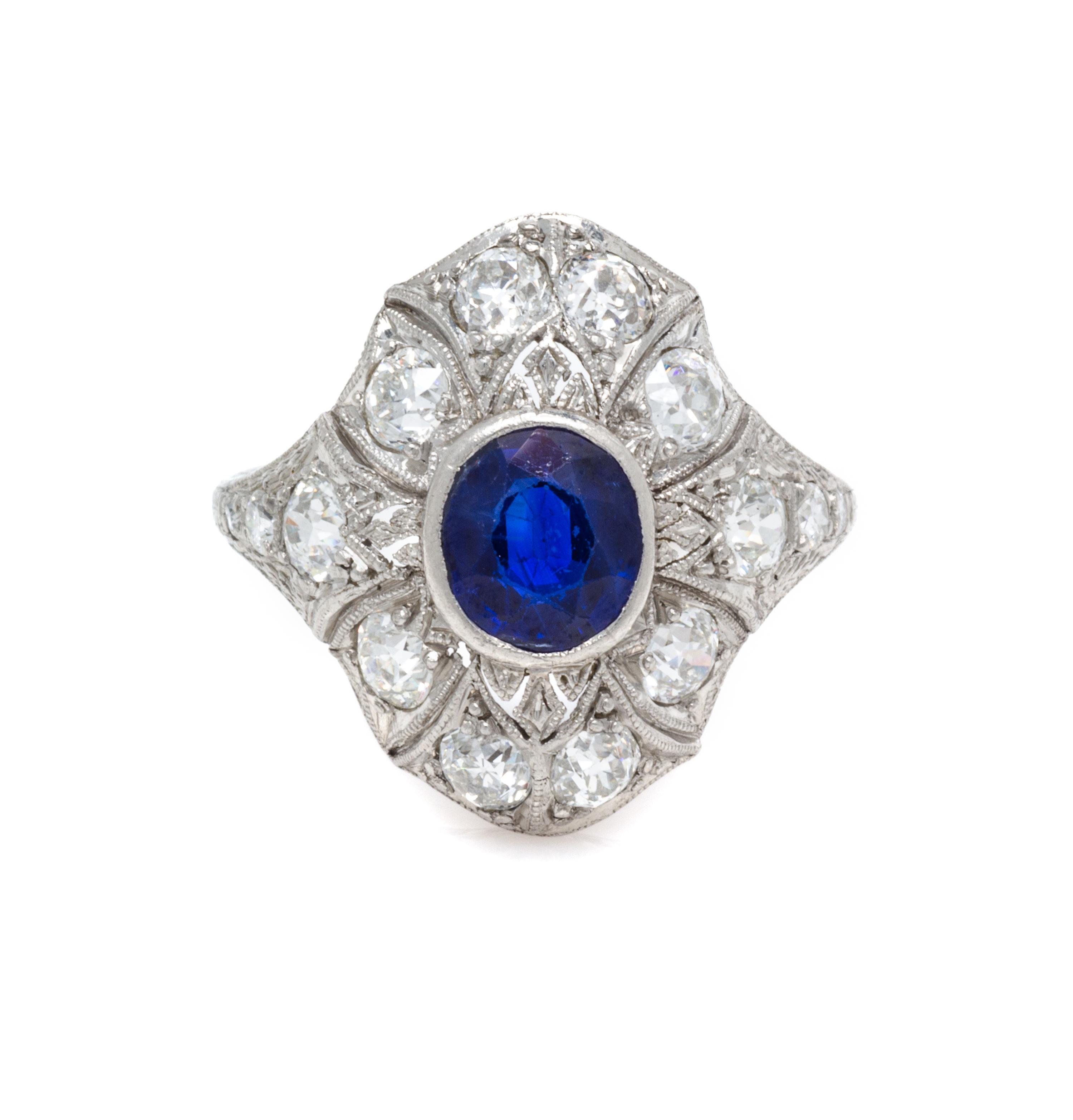 An Art Deco Platinum, Sapphire and Diamond Ring, 3.80 dwts.
