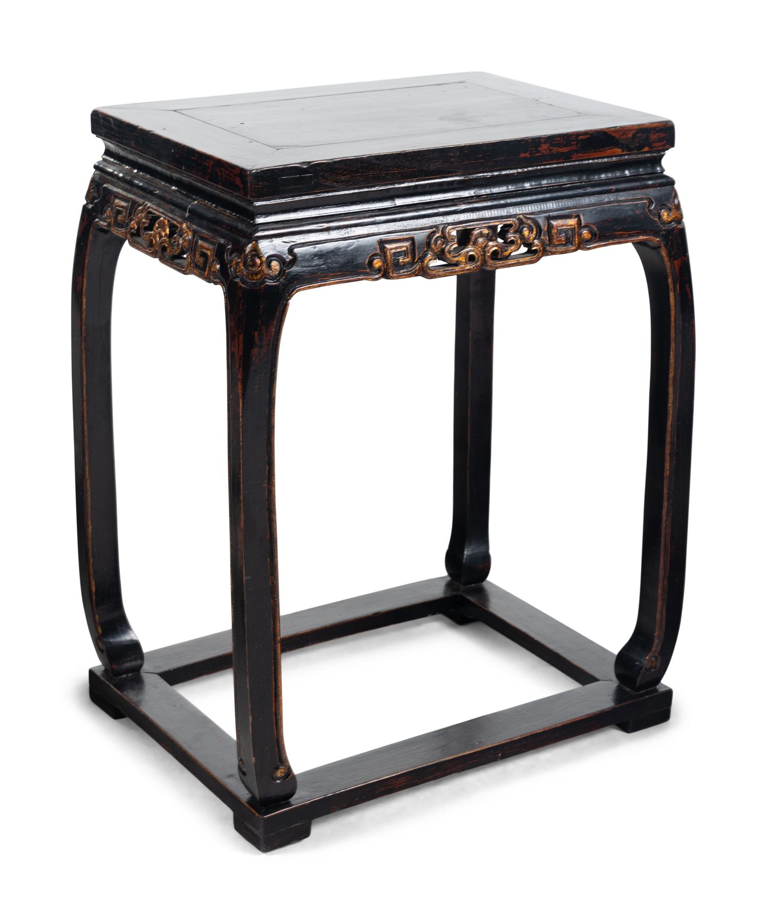 A Pair of Chinese Gilt Highlighted Black Lacquered Wood Armchairs and A Matching Rectangular Stand