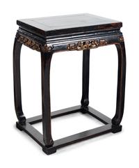 A Pair of Chinese Gilt Highlighted Black Lacquered Wood Armchairs and A Matching Rectangular Stand