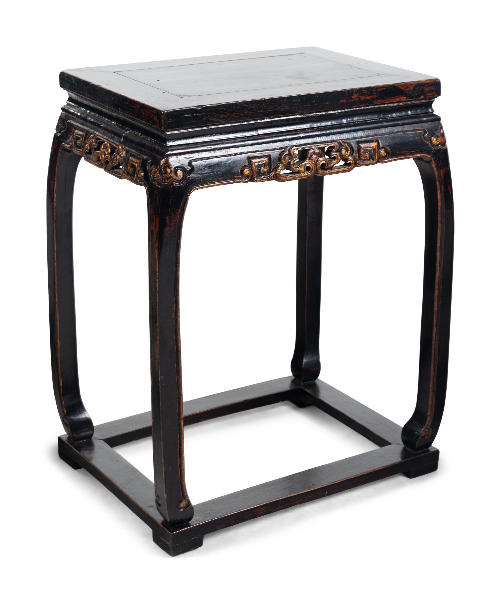 A Pair of Chinese Gilt Highlighted Black Lacquered Wood Armchairs and A Matching Rectangular Stand