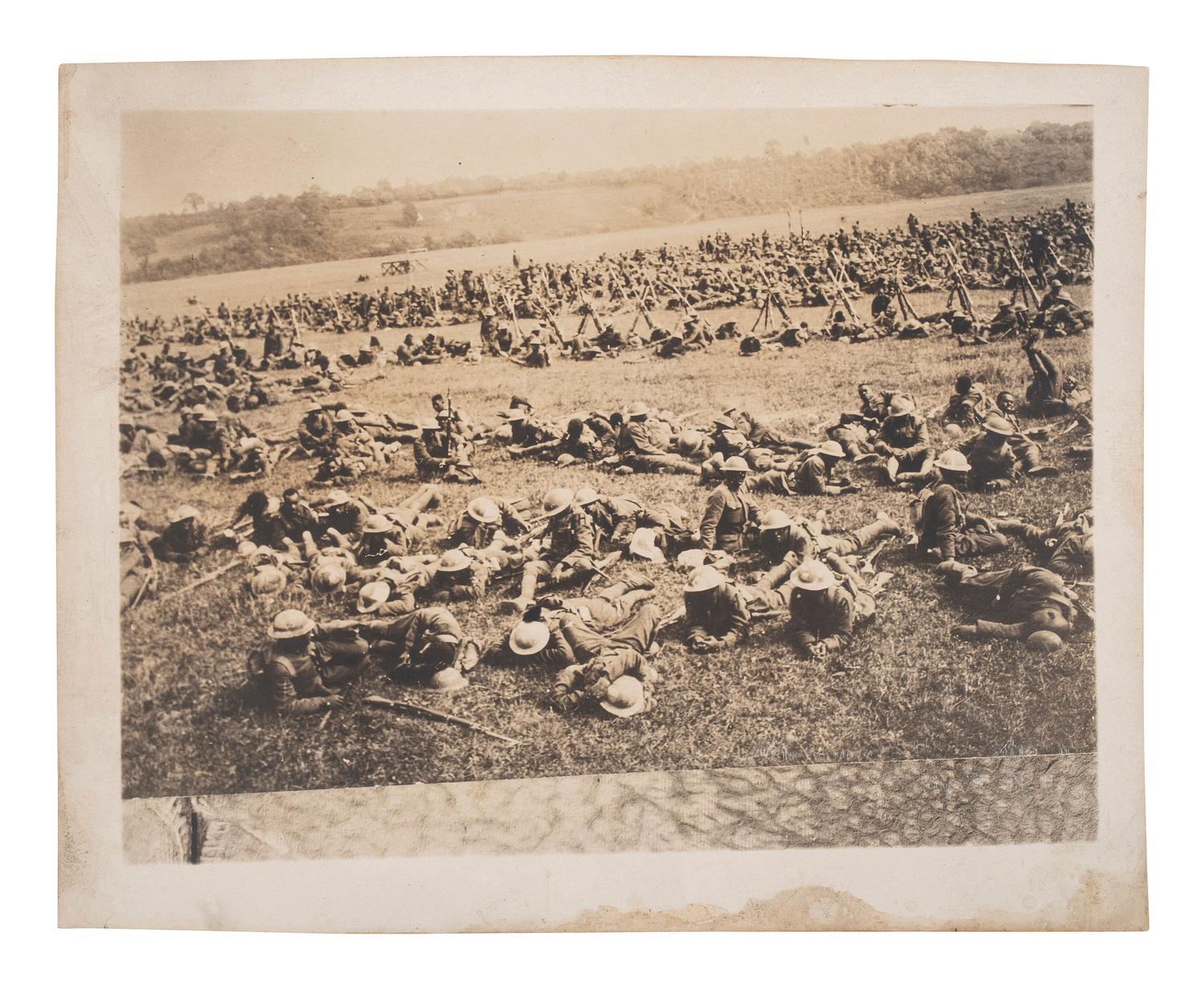 [WORLD WAR I]. Photograph of the Harlem Hellfighters, African American troops. New York: Guarantee Photo Studio, operated by noted Harlem photographer James VANDERZEE (1886-1983), ca 1919.