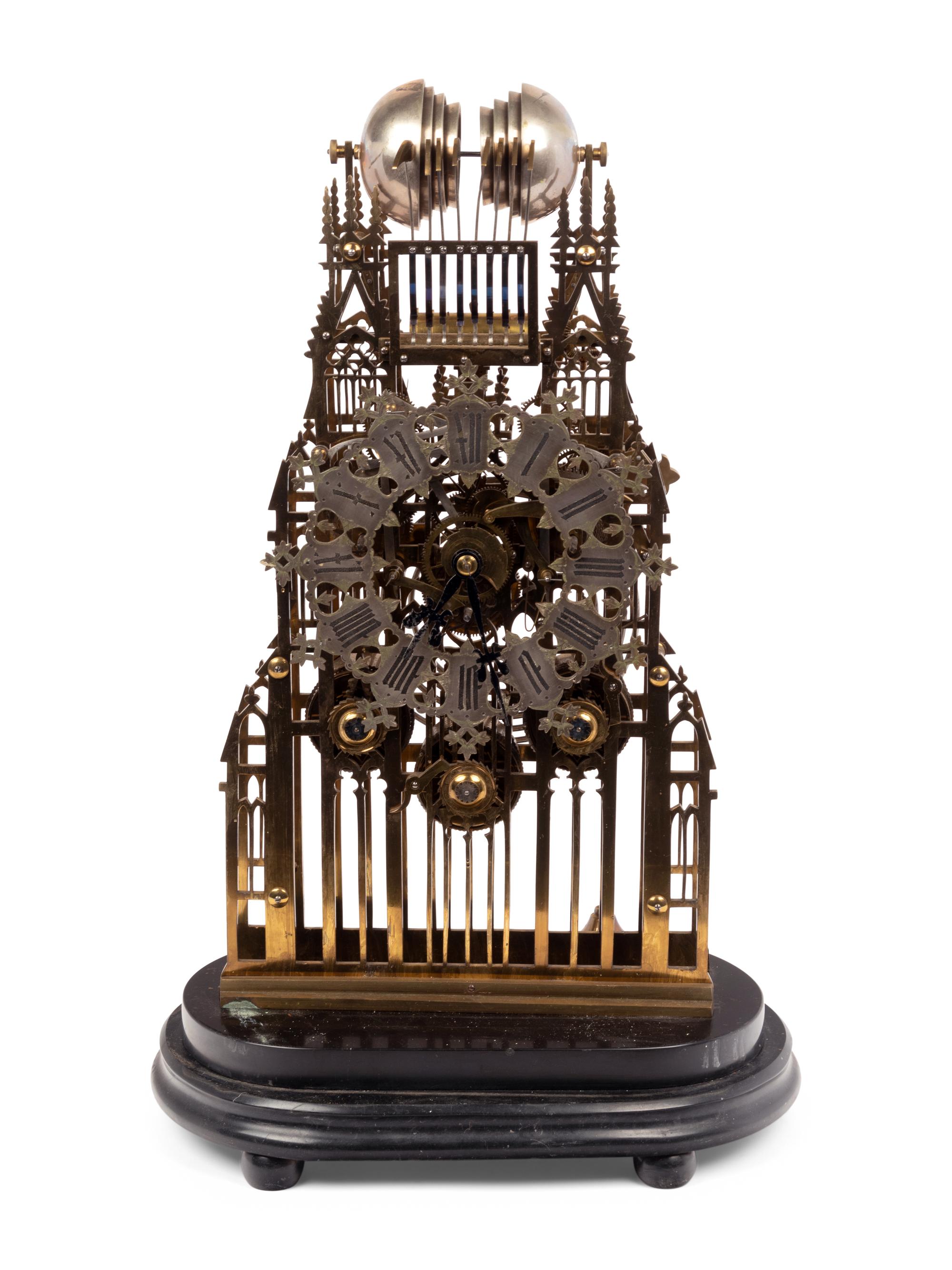 An English Brass and Steel Cathedral Skeleton Clock