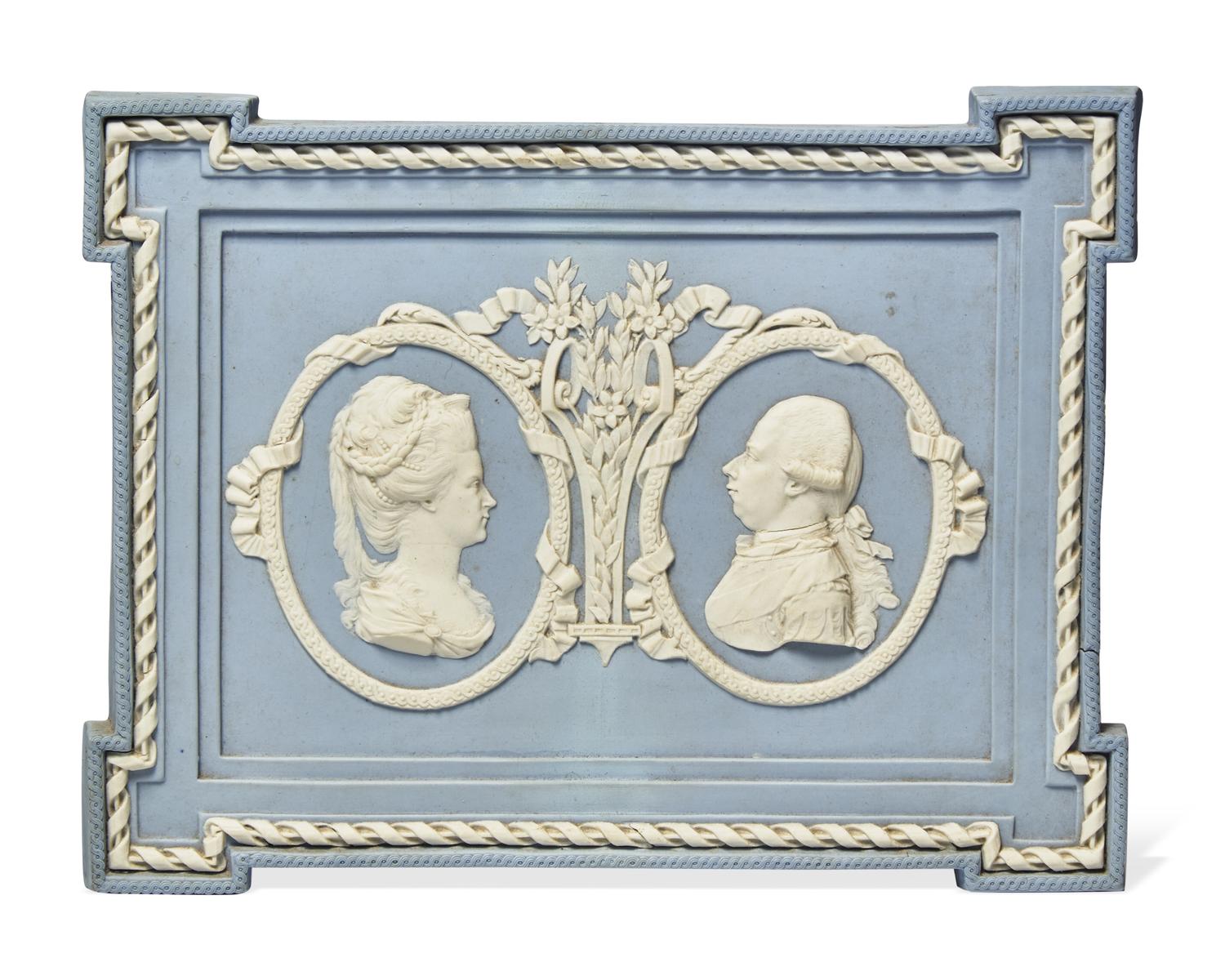 A Wedgwood Blue Jasperware Double Portrait Medallion Plaque of Joseph and Dorothea Banks