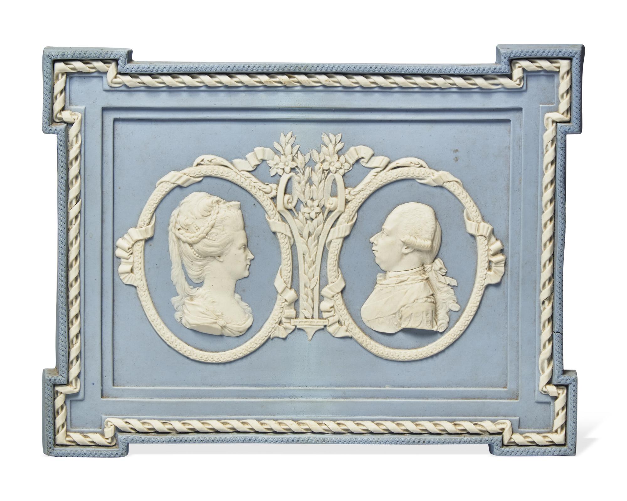 A Wedgwood Blue Jasperware Double Portrait Medallion Plaque of Joseph and Dorothea Banks