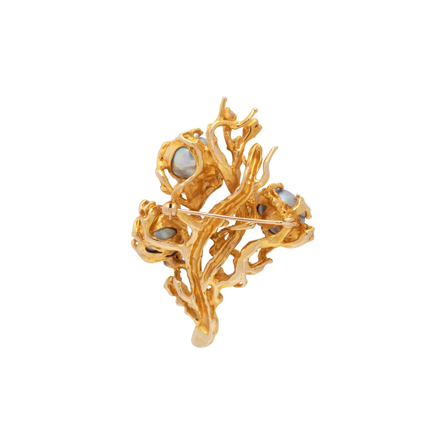 YELLOW GOLD, DIAMOND, AND CULTURED PEARL BRANCH BROOCH