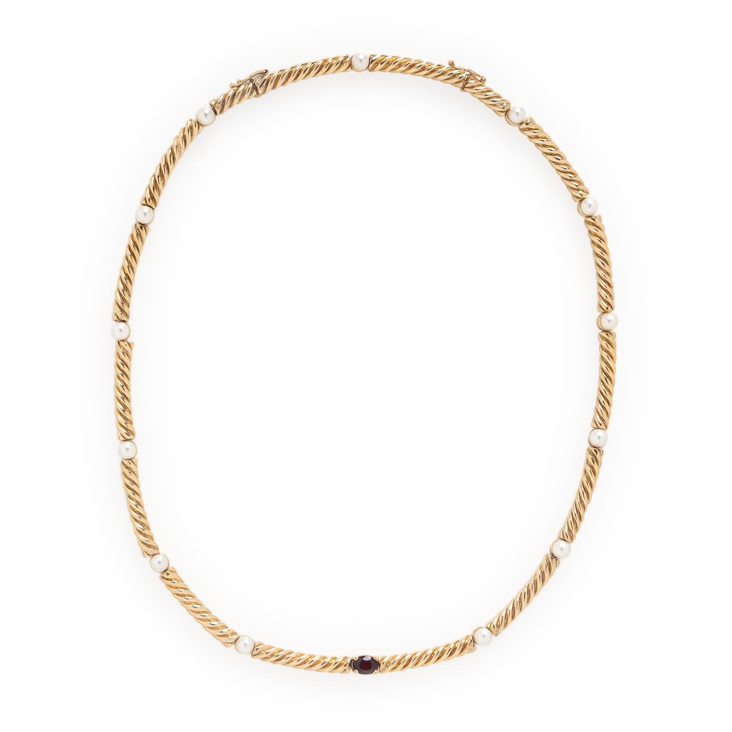 Ruby, Cultured Pearl, and Yellow Gold Necklace
