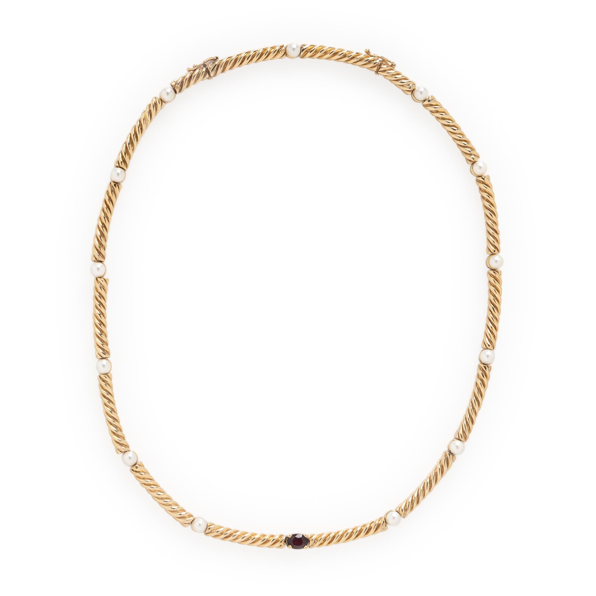 Ruby, Cultured Pearl, and Yellow Gold Necklace