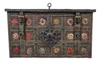 A Continental Polychrome Decorated Iron Strong Box Height 19 1/2 x width 34 3/4 x depth 19 7/8 inches. — 17TH/18TH CENTURY