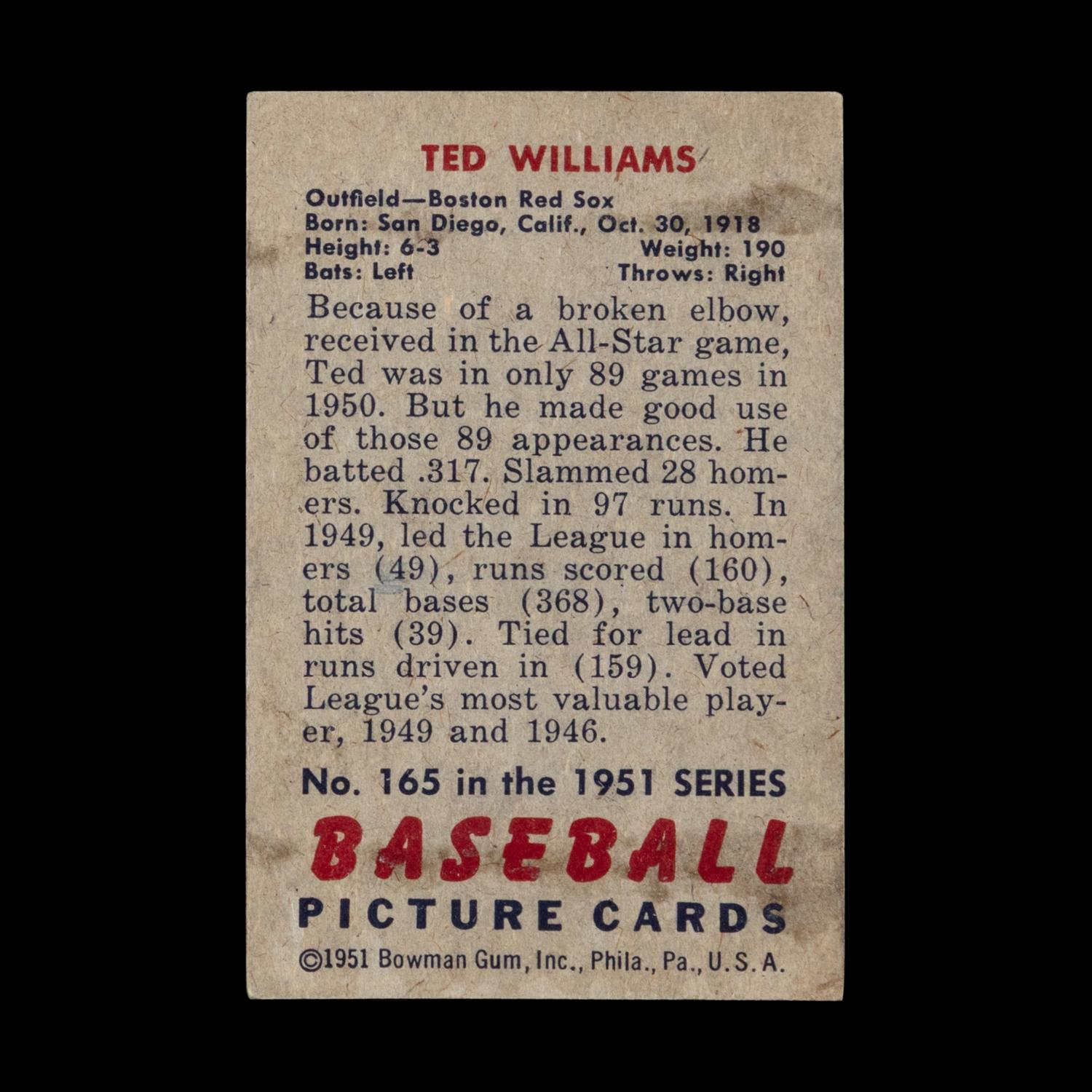 A 1951 Bowman Ted Williams Baseball Card No. 165