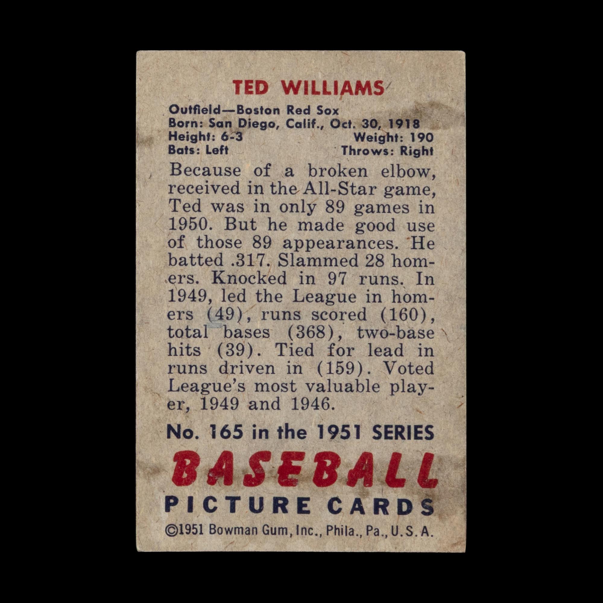 A 1951 Bowman Ted Williams Baseball Card No. 165