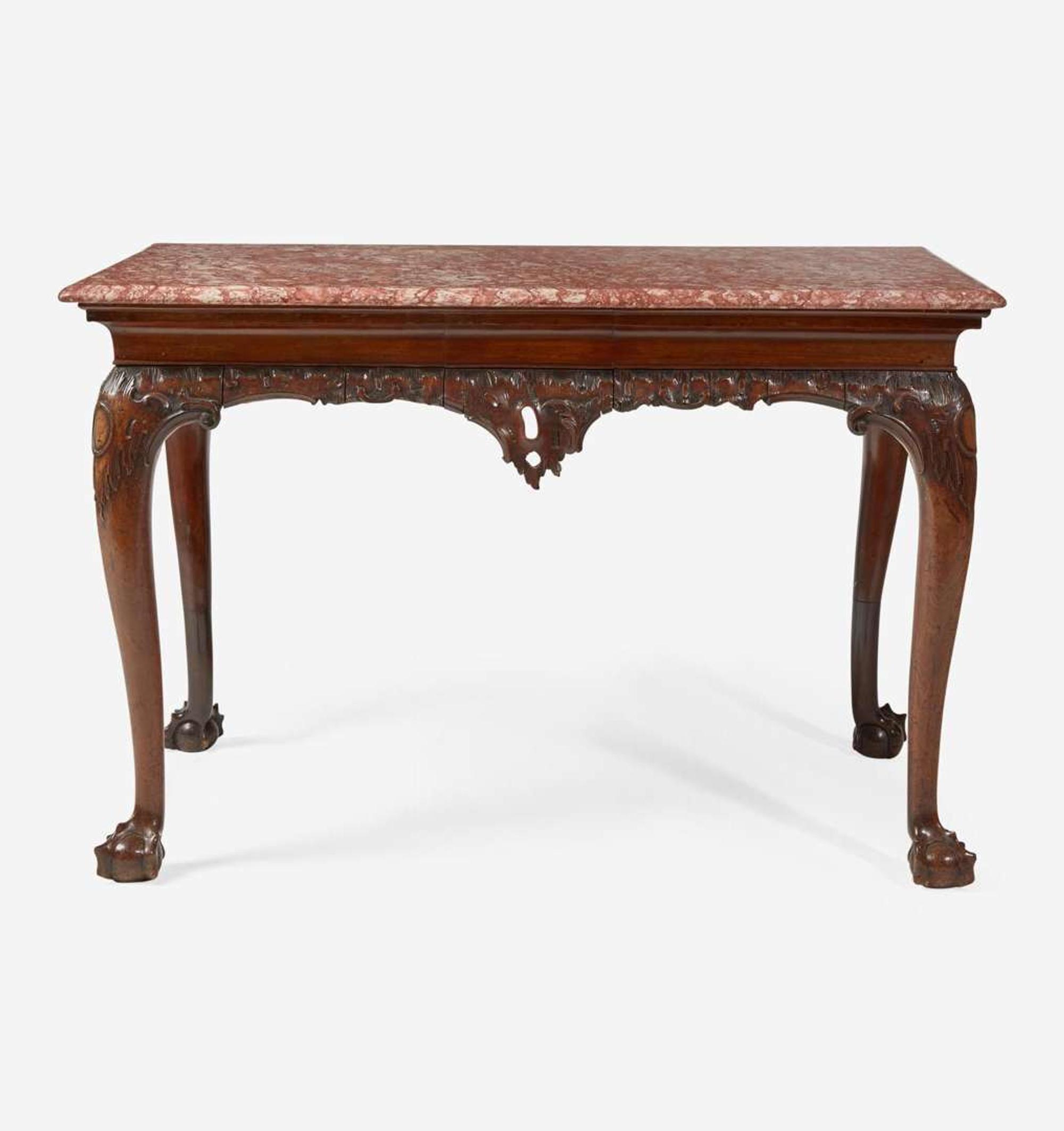 A George II carved walnut side table with breccia marble top circa 1750