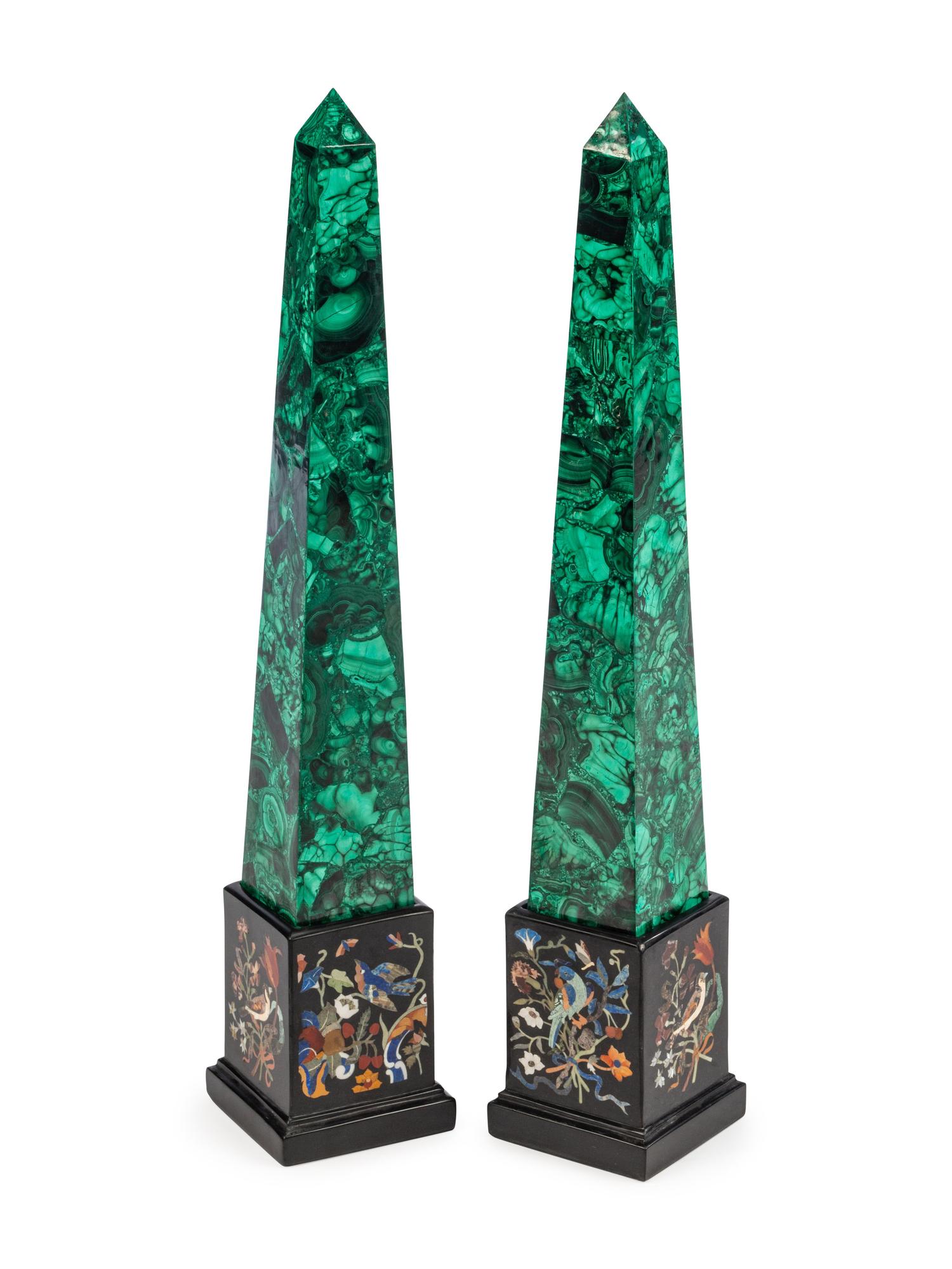 A Pair of Malachite Obelisks with Specimen Marble Bases