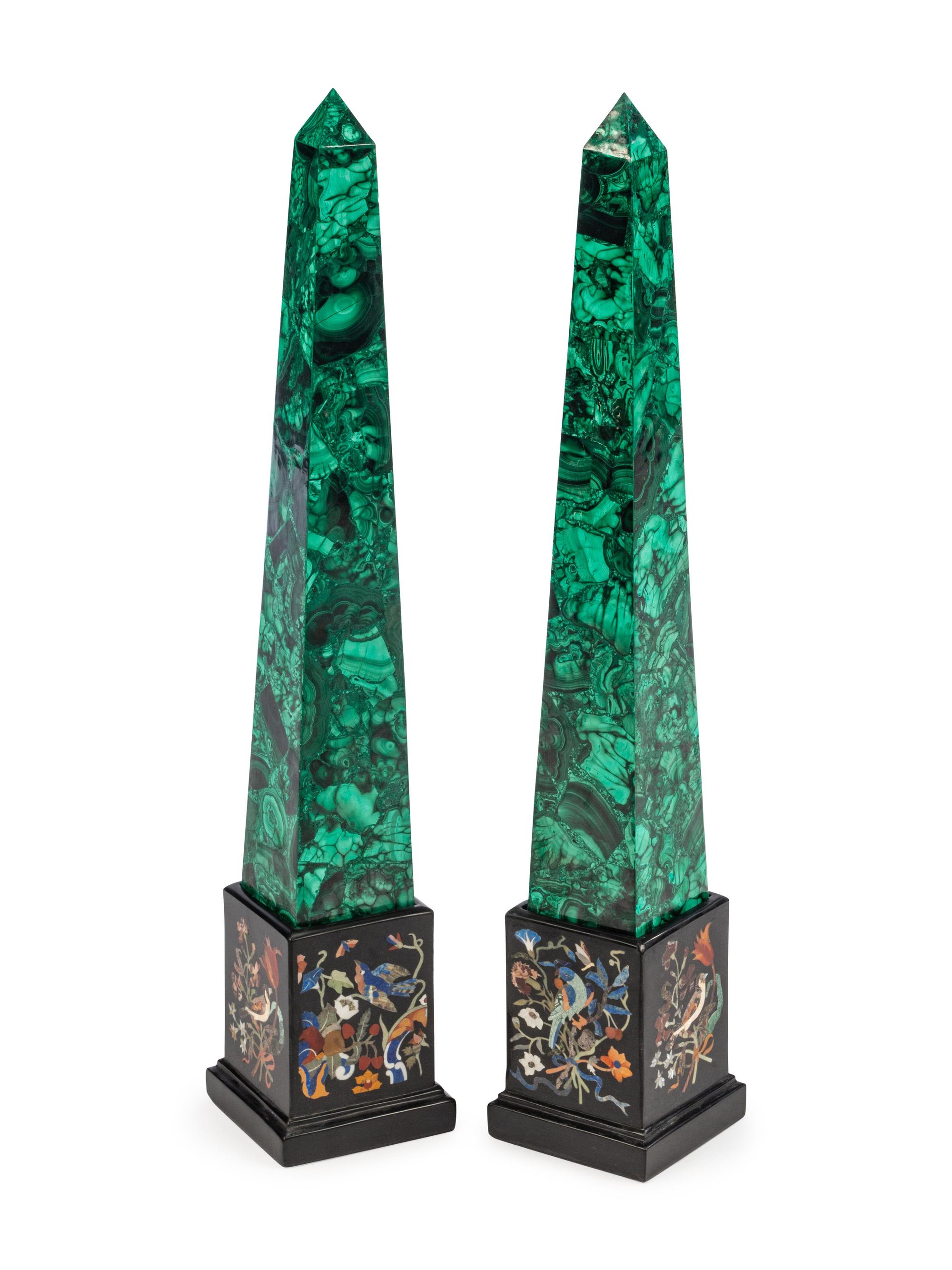 A Pair of Malachite Obelisks with Specimen Marble Bases
