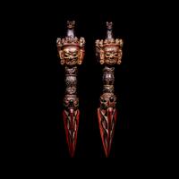A Pair of Sino-Tibetan Gilt and Red Decorated Wood Vajries, Possibly Zitan, 18th-19th Century — 十八-十九世紀 藏傳彩繪紫檀普巴杵一對
