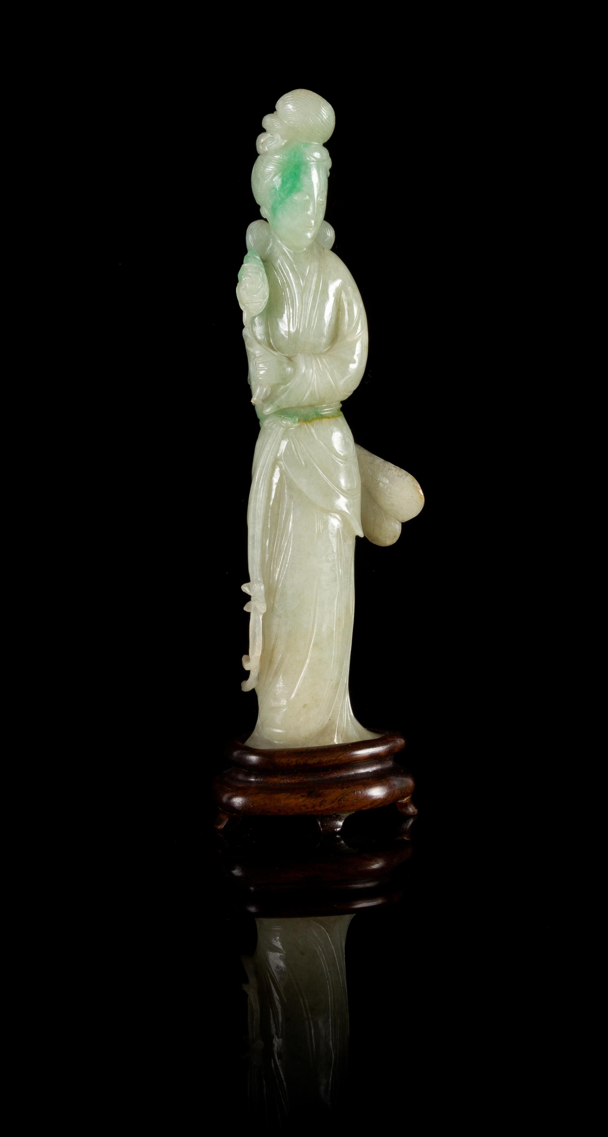 A Carved Apple Green and Celadon Jadeite Figure of a Meiren — LATE QING DYNASTY