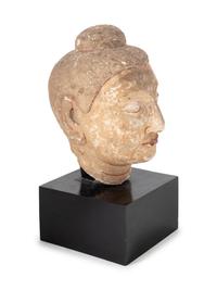 A Cambodian Style Painted Stone Head of Buddha