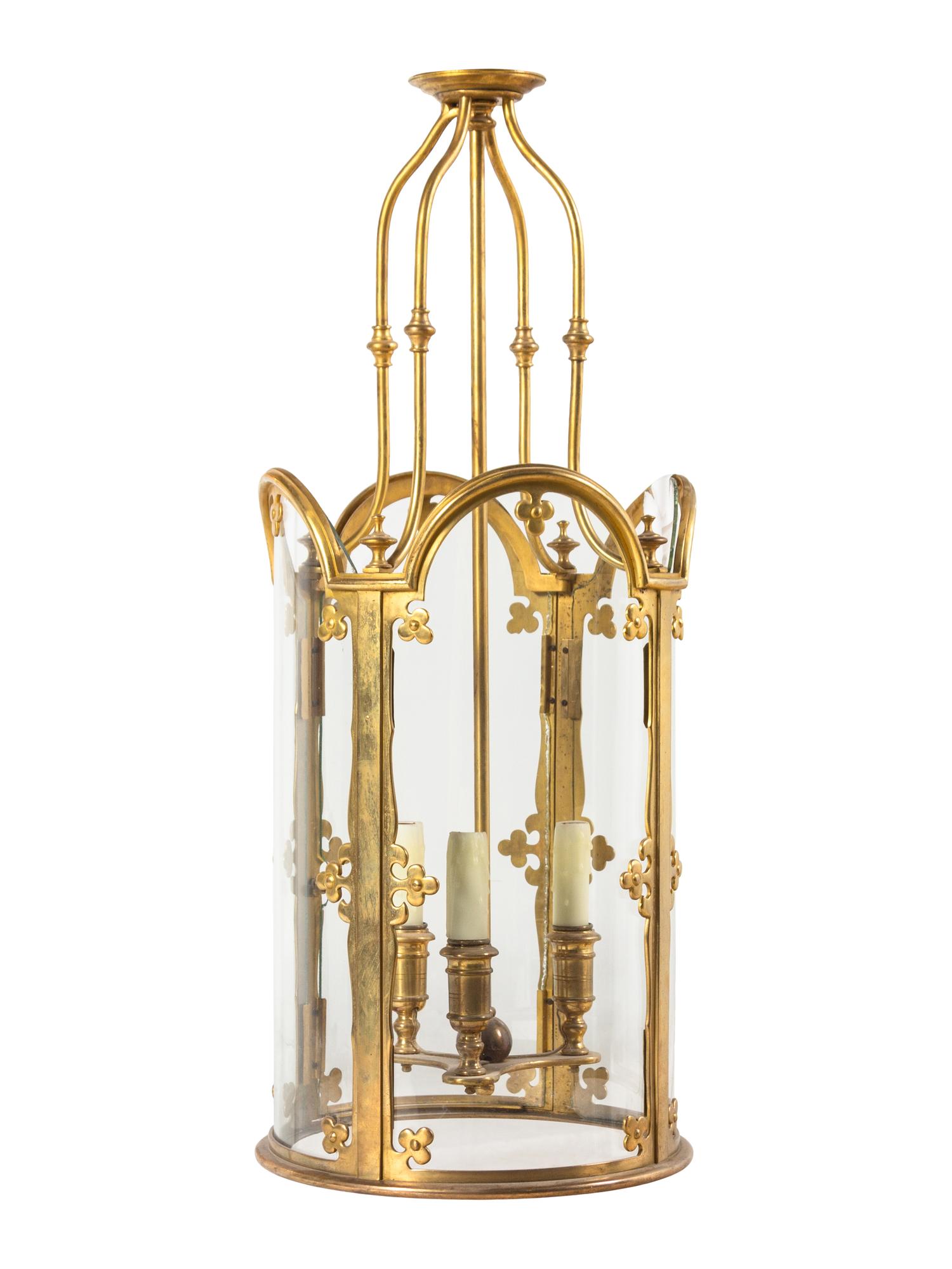 A Gothic Style Gilt Bronze Three-Light Hall Lantern