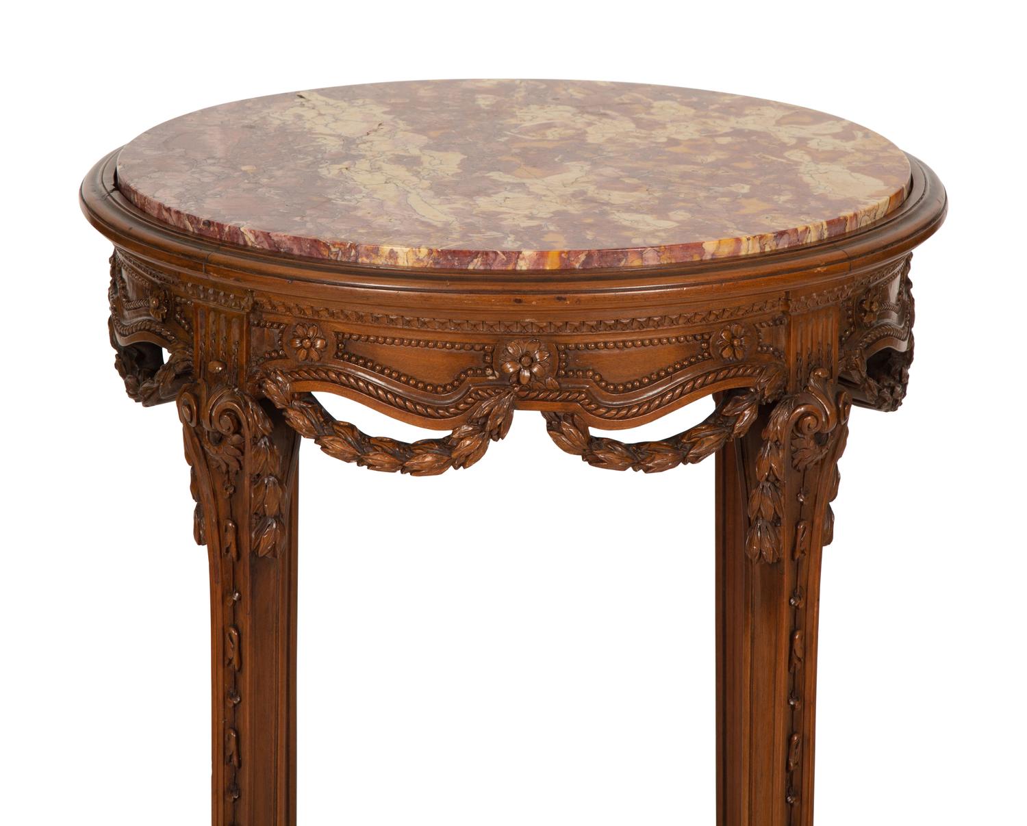 Two Louis XVI Style Carved Walnut Side Tables with Inset Marble Tops