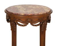 Two Louis XVI Style Carved Walnut Side Tables with Inset Marble Tops