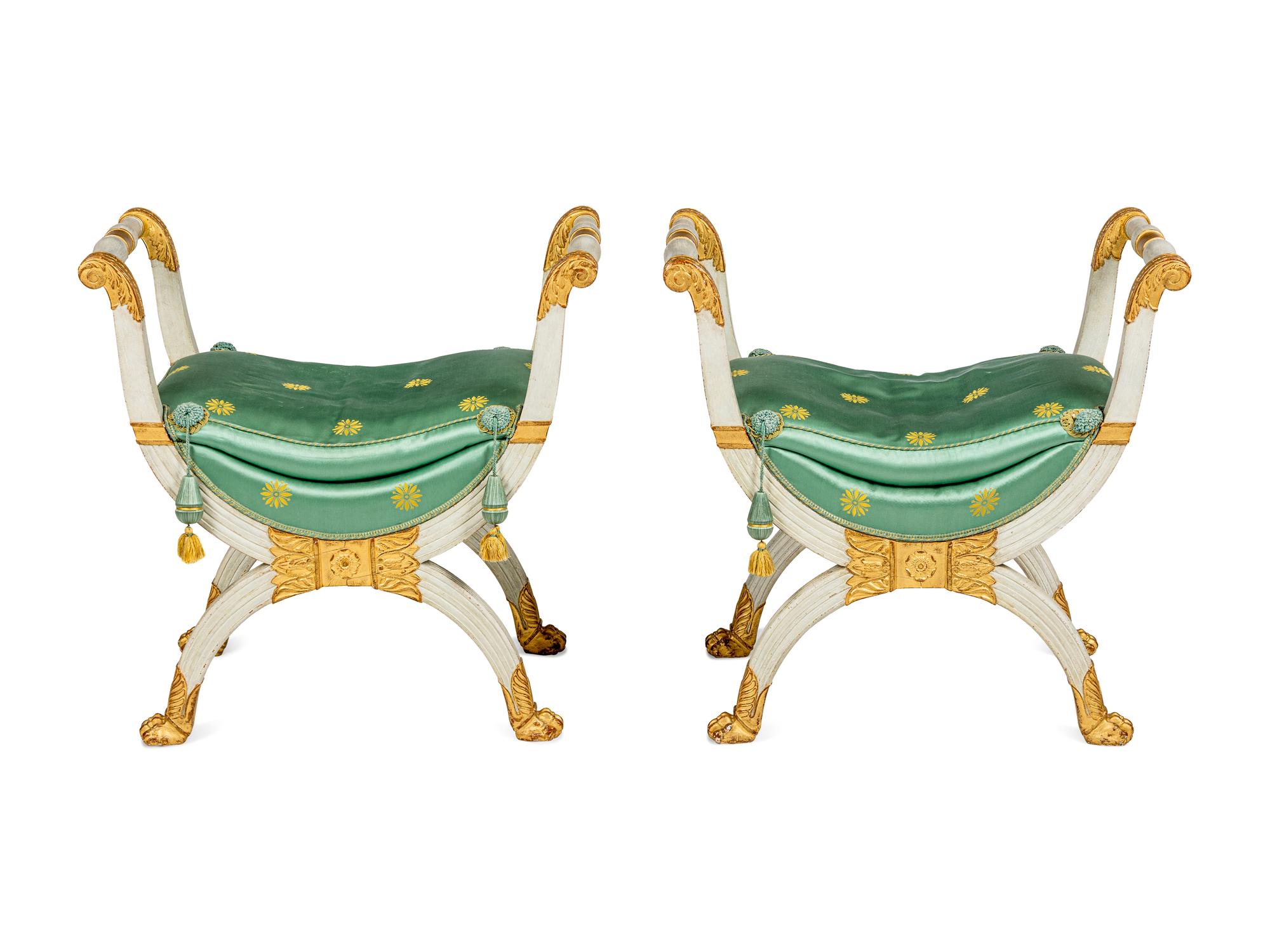 A Pair of Empire White-Painted and Parcel-Gilt Tabourets
