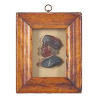 American School 19th Century, A Colored Wax Profile Portrait Bust of Benjamin Franklin with Fur Hat