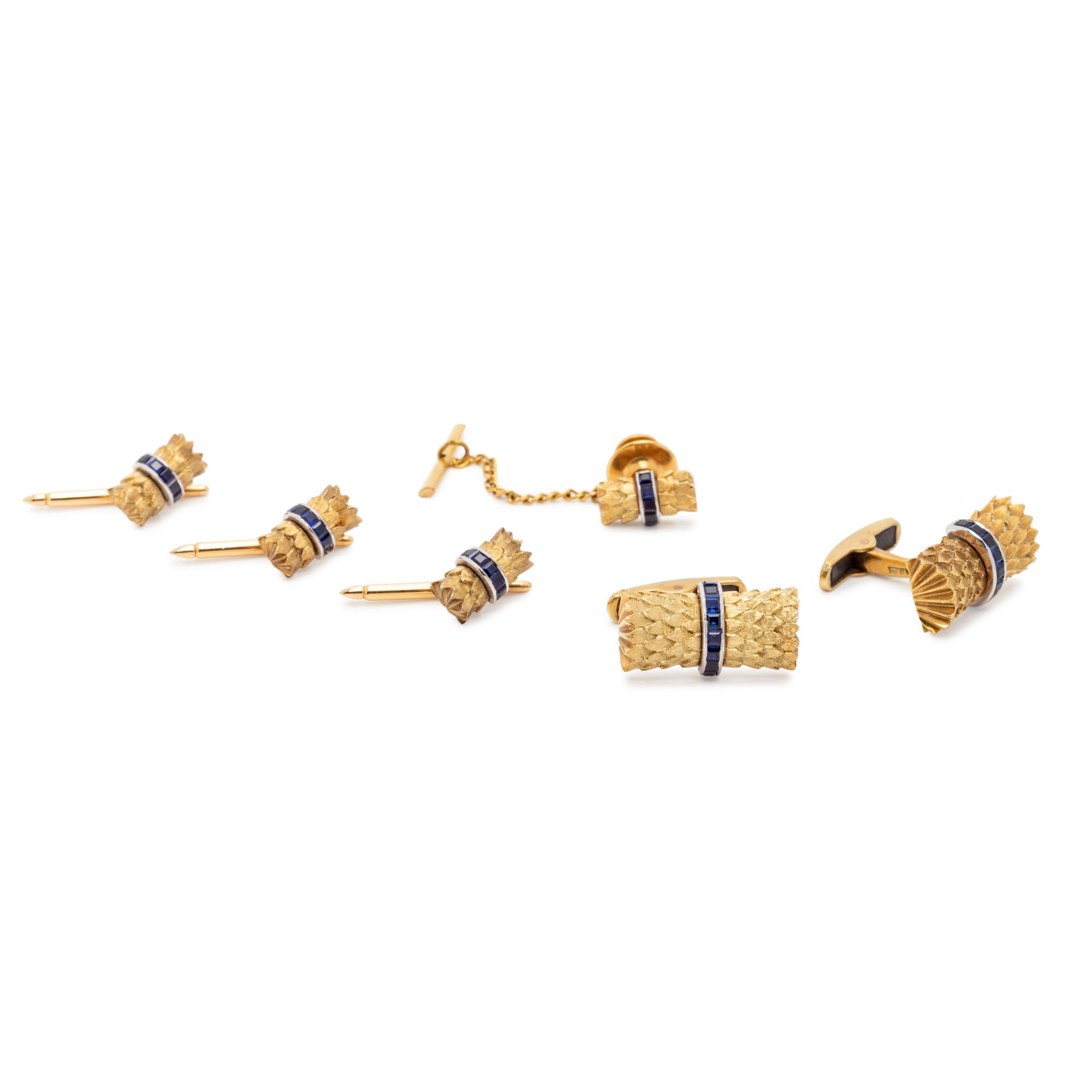 YELLOW GOLD AND SYNTHETIC SAPPHIRE DRESS SET
